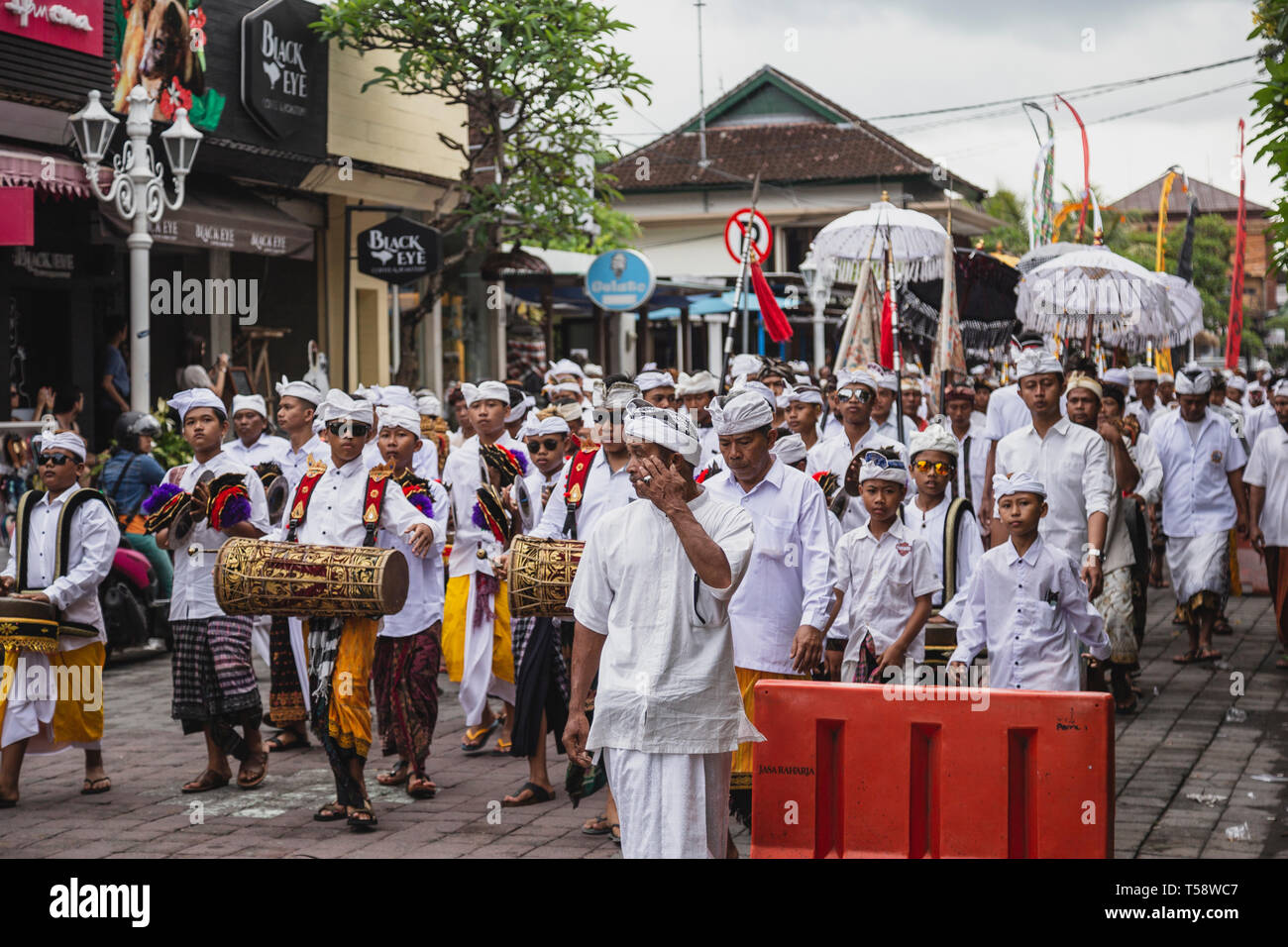 Worshipers Marching During a Religious Festival in Bali, Indonesia Stock Photo