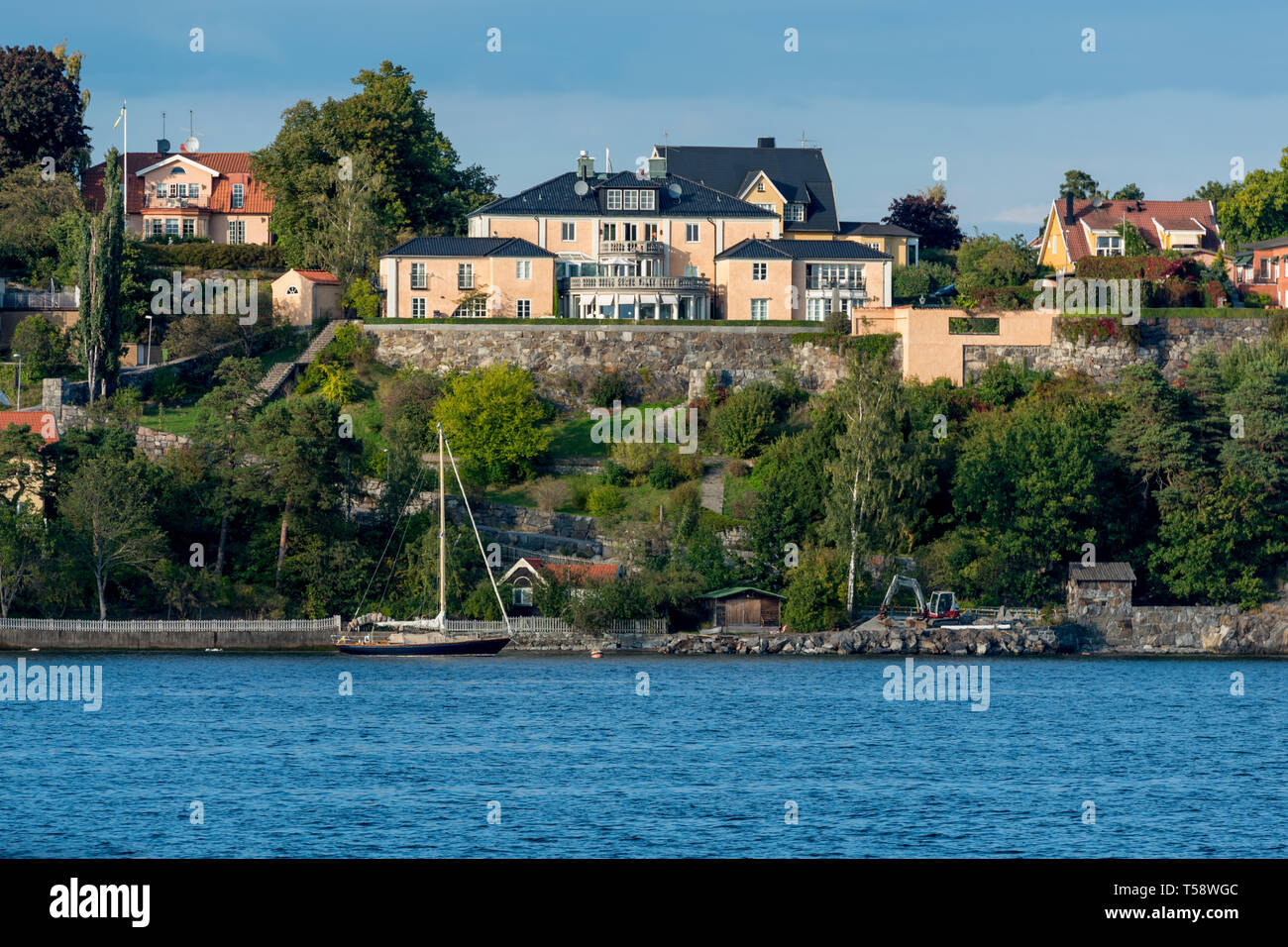 A substantial luxury residential property in Grindstigen, with views across the Stockholm inlet and the sea towards Nacka and the Skuru Sound. Stock Photo