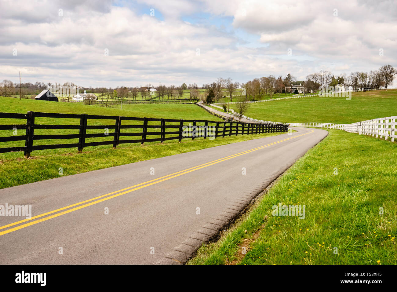 Winding two-lane rural road in bluegrass region of Kentucky Stock Photo