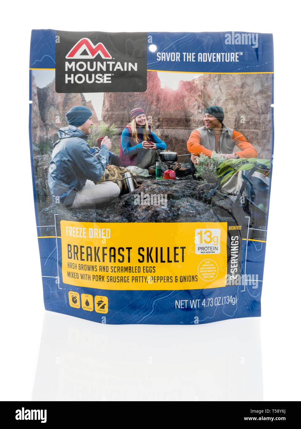 Winneconne, WI -  19 April 2019: A package of Mountain House freeze dried food that is perfect for Emergency Preparedness, Camping, Backpacking, Hunti Stock Photo