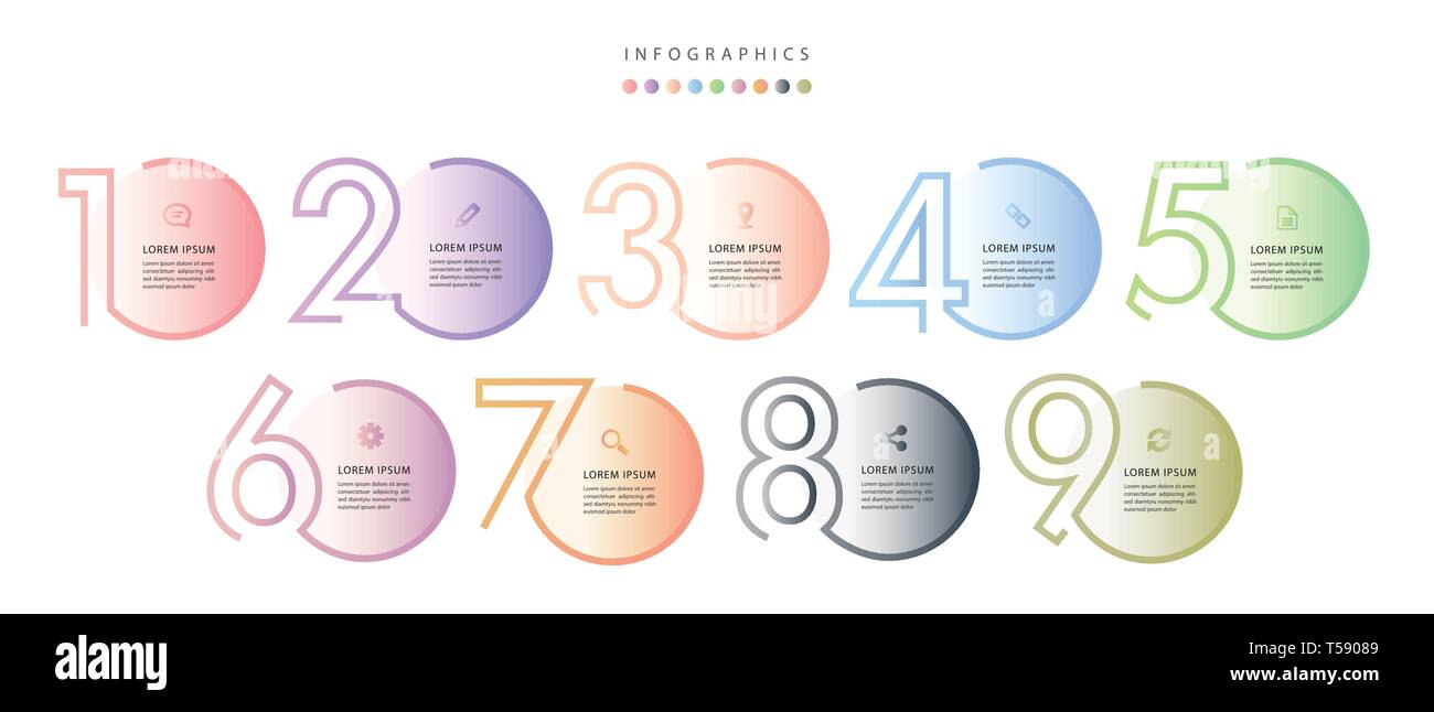 Vector infographic design UI template colorful gradient 9 number labels ...