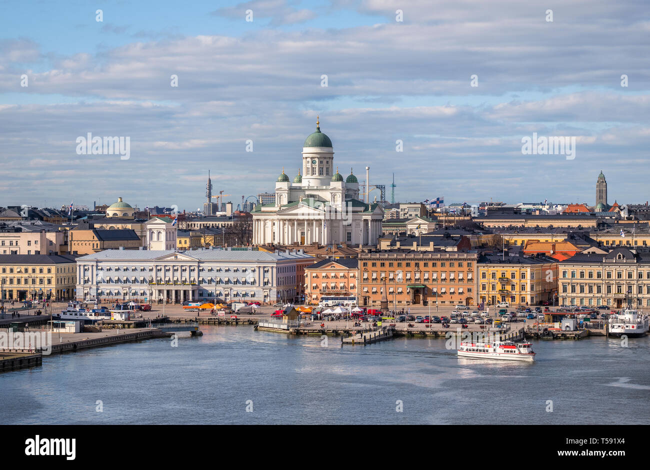 Helsinki, Finland - April 14 : Cathedral and other city buildings with central cityscape in Helsinki on April 14, 2019. With beautiful evening light. Stock Photo