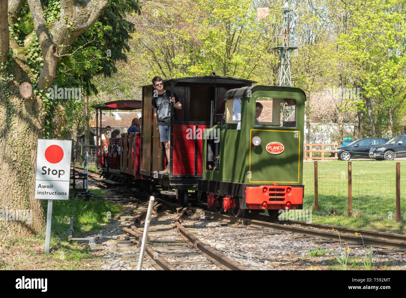 Train ride on the Old Kiln Light Railway, a narrow gauge railway at the Rural Life Centre, Tilford, Surrey, UK Stock Photo