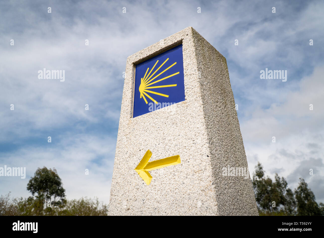 Camino de Santiago milestone. Pilgrimage sign to Santiago de Compostela Stock Photo