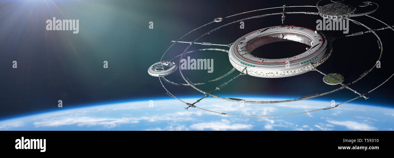 space station in orbit of planet Earth (3d science fiction background rendering banner, elements of this image are furnished by NASA) Stock Photo