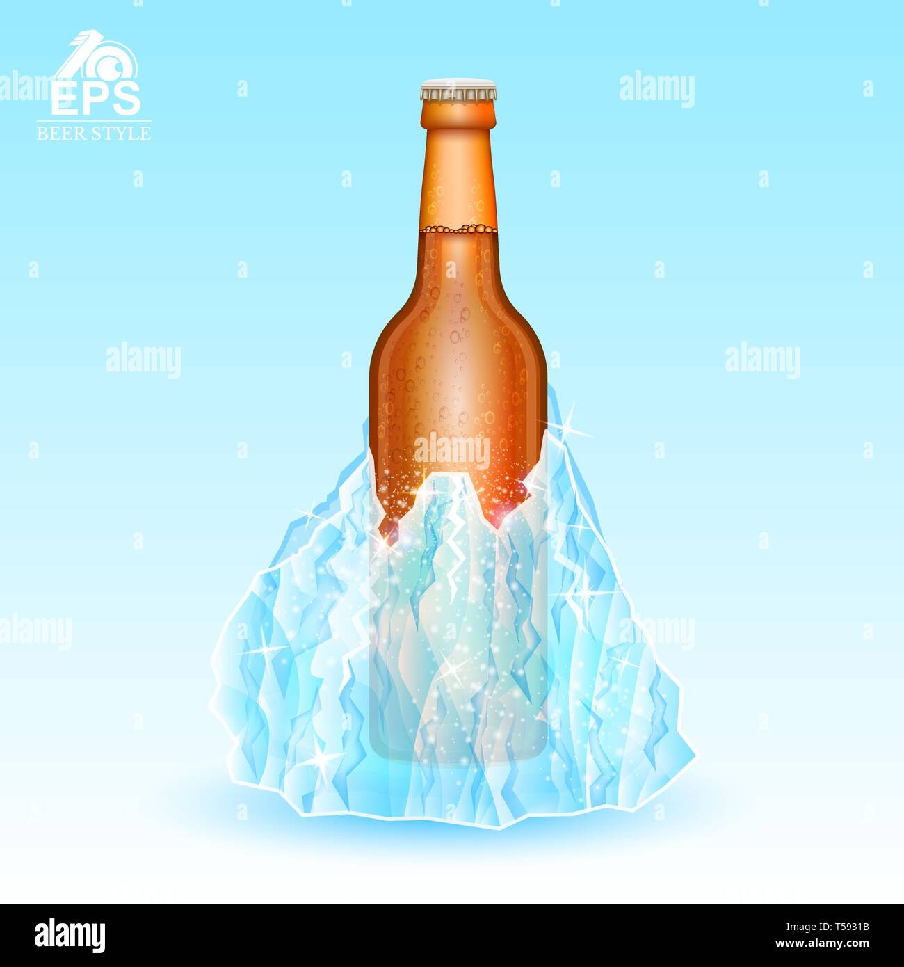 Brown bottle of beer rozen-in iceberg on blue background Stock Vector