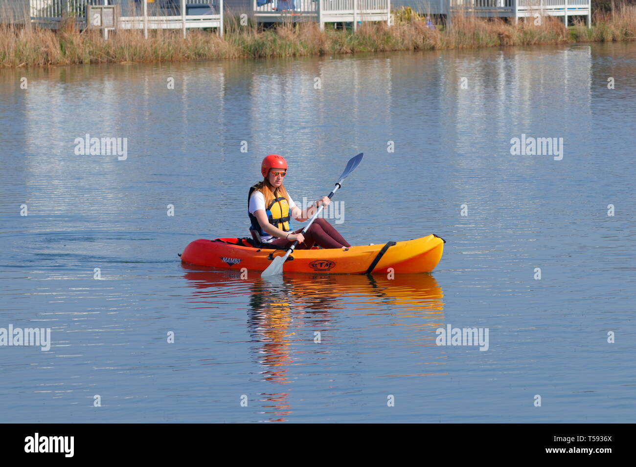 A canoeist in the lake of Lakeland Leisure Park in Flookburgh,Lake District Stock Photo