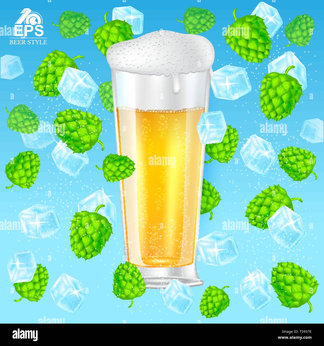 Realistic mock up glass of beer with foam among flying hop cones and ice cubes on blue background Stock Vector
