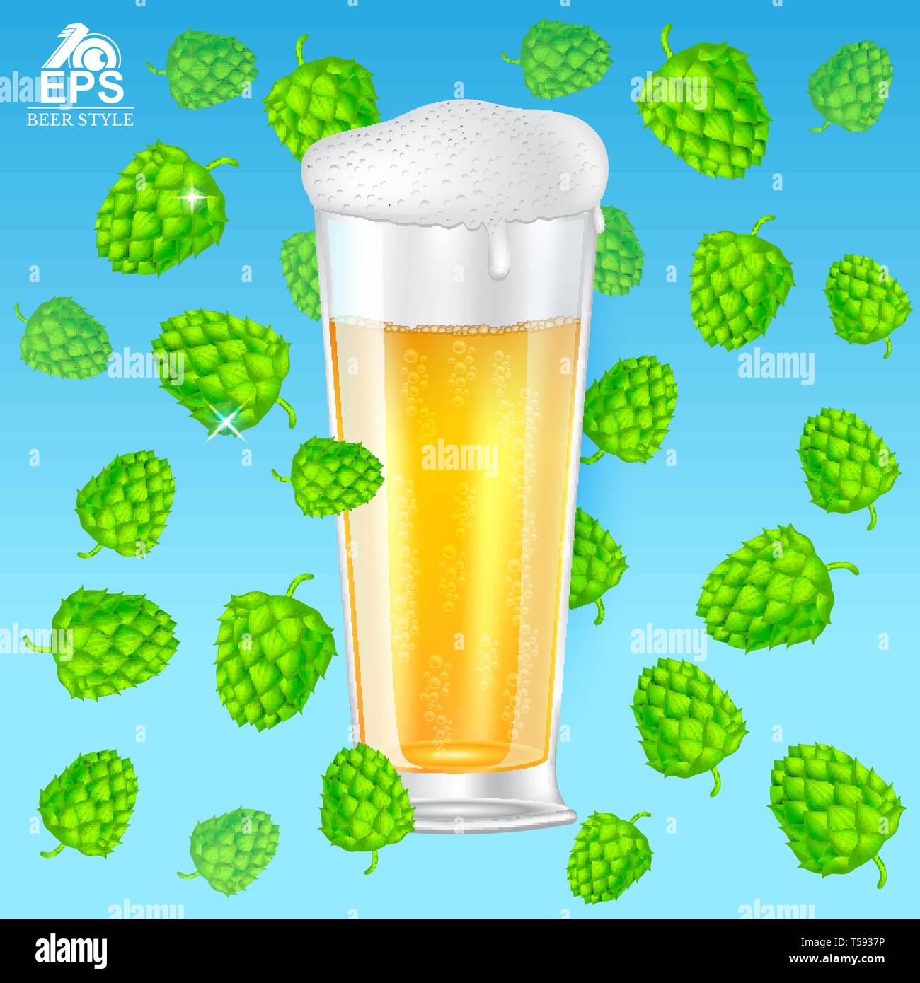 Realistic mock up glass of beer with foam among flying hop cones on blue background Stock Vector