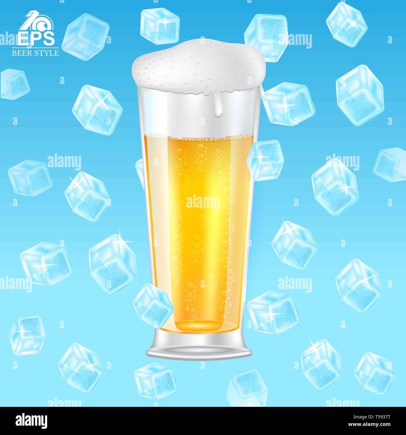 Realistic mock up glass of beer with foam among flying ice cubes on blue background Stock Vector