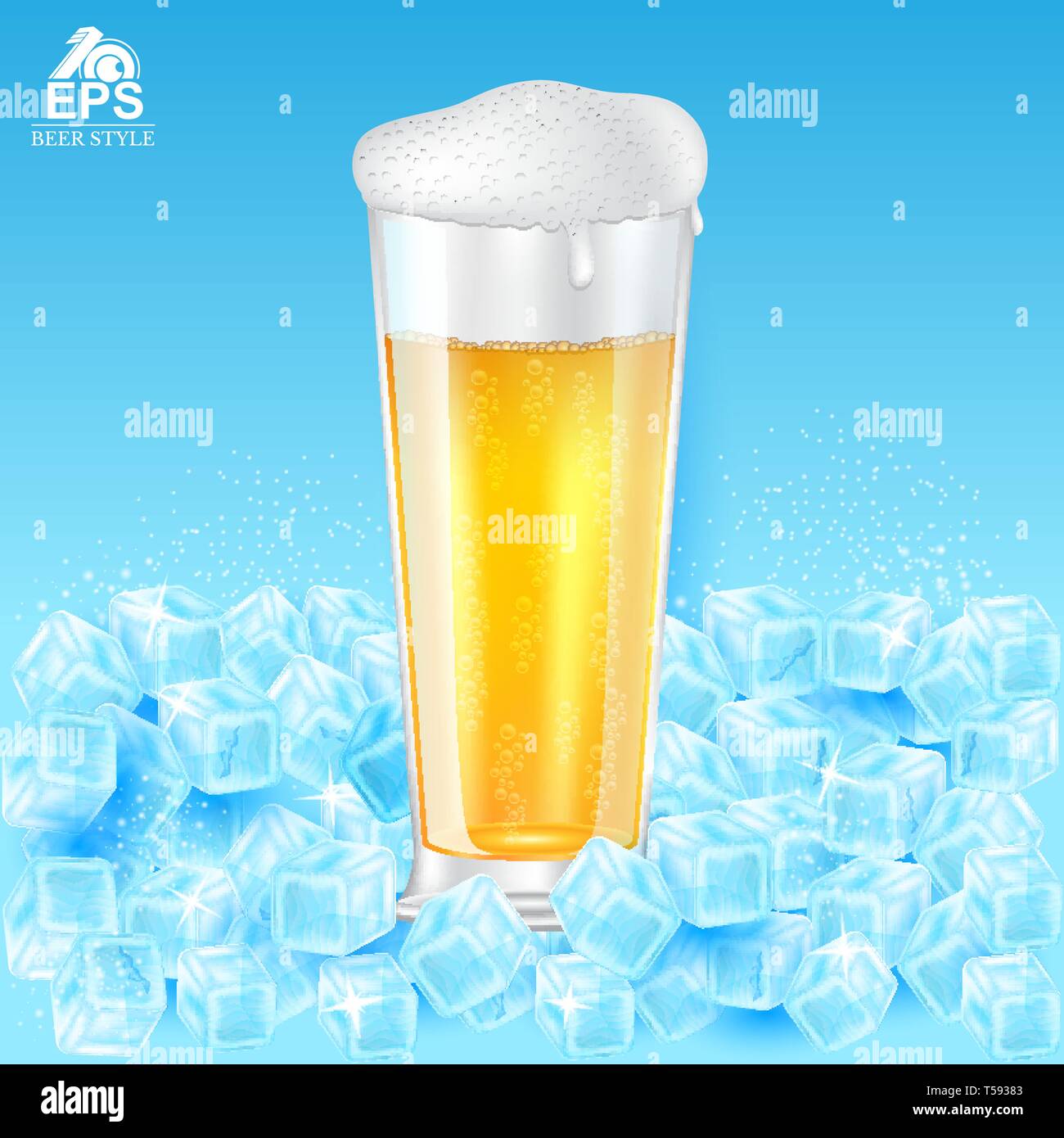 Realistic mock up glass of beer with foam among ice cubes on blue background Stock Vector