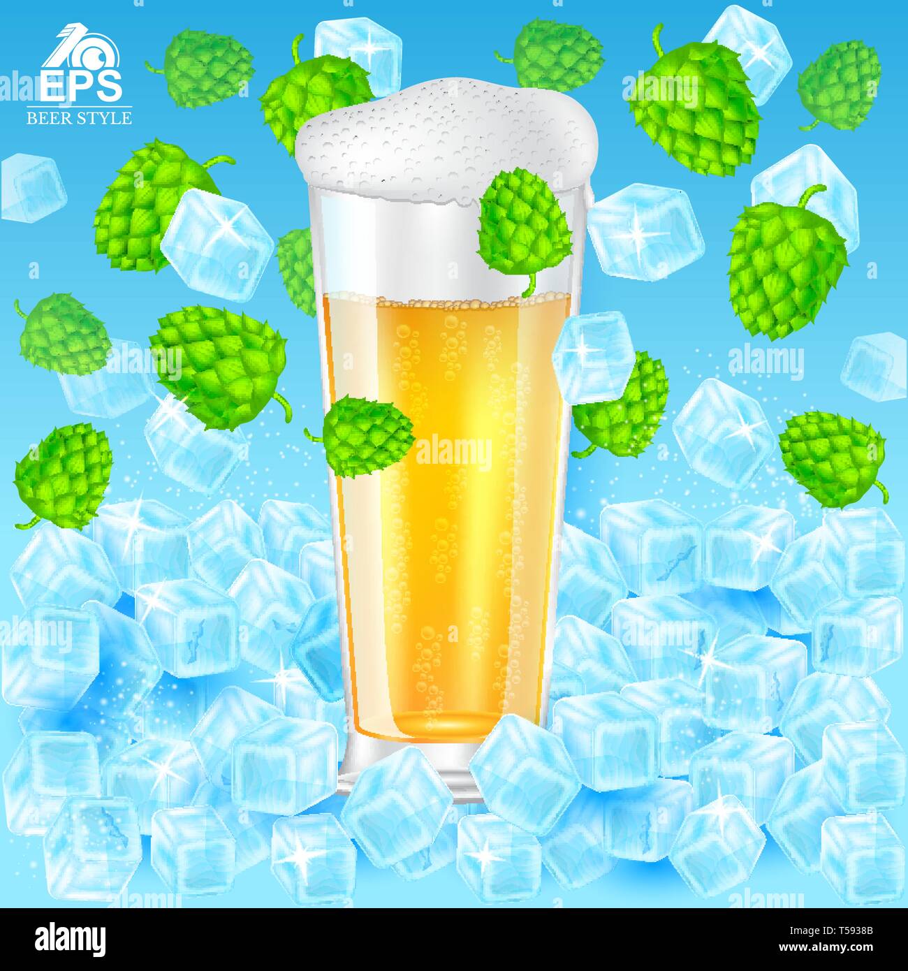 Realistic mock up glass of beer with foam stand in ice cubes among hop cones and ice on blue background Stock Vector