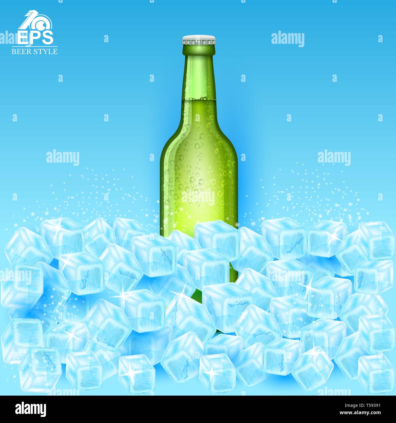 Realistic mock up green bottle of beer among ice cubes on blue background Stock Vector