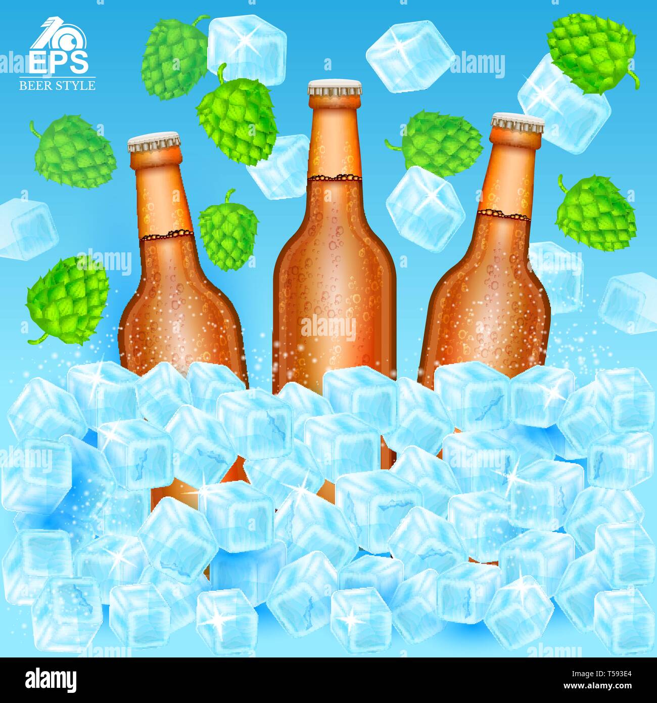 Three realistic brown bottle of beer stand in ice cubes among flying hop cones and ice on blue background Stock Vector