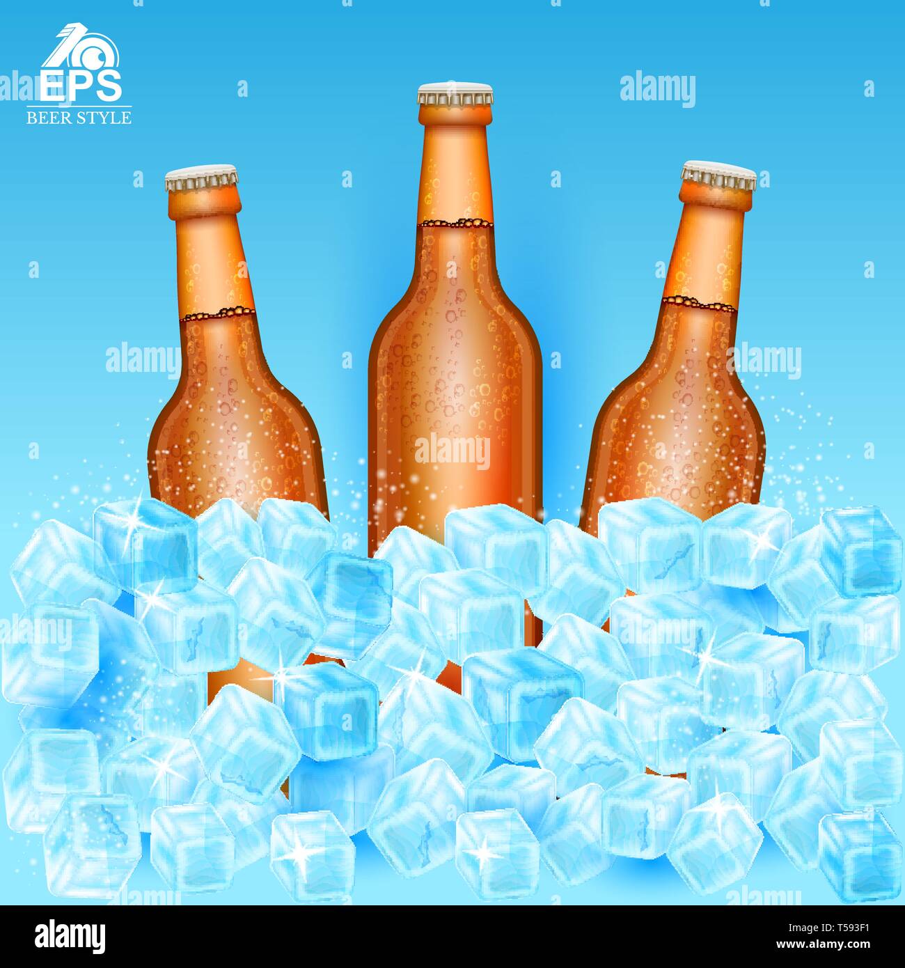 Three realistic mock up brown bottle of beer among ice cubes on blue background Stock Vector