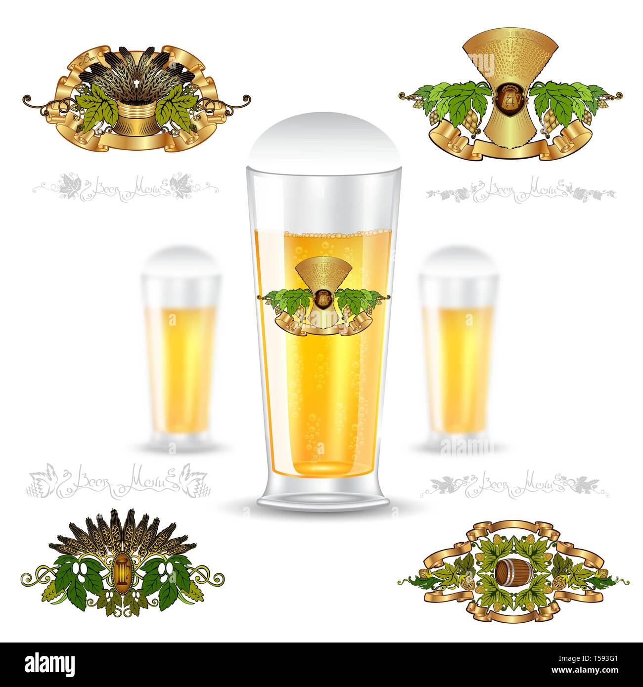 Three realistic mock up glass of beer and set of luxury labels on white background. Vector illustration one bottle sharp and two bottles depth of fiel Stock Vector