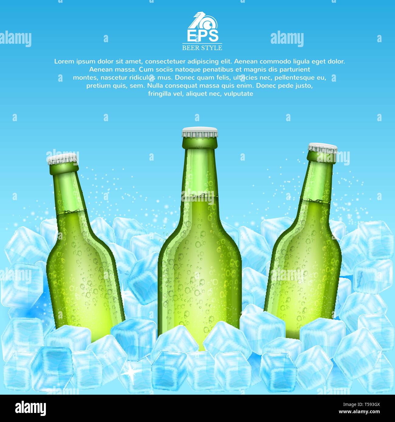 Three realistic mock up green bottle of beer in ice cubes on blue background Stock Vector