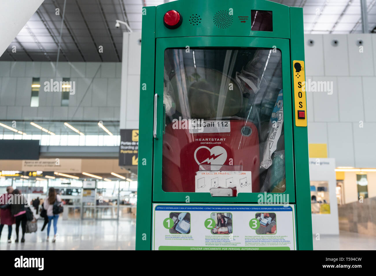 Defibrillator on public hall airport with blurry background Stock Photo