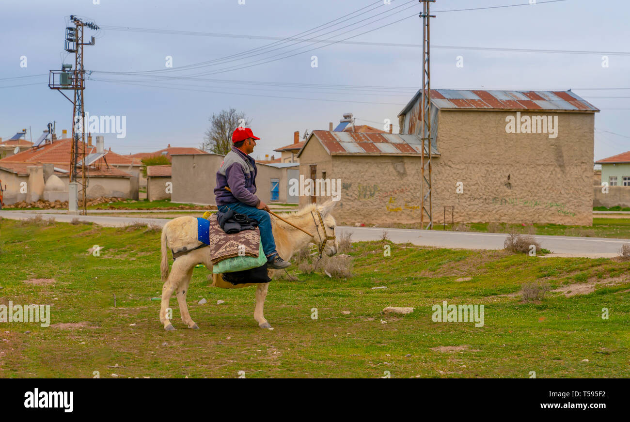 Konya, Turkey-April 14 2019: Man with hat riding white donkey on grass and rural houses in background Stock Photo