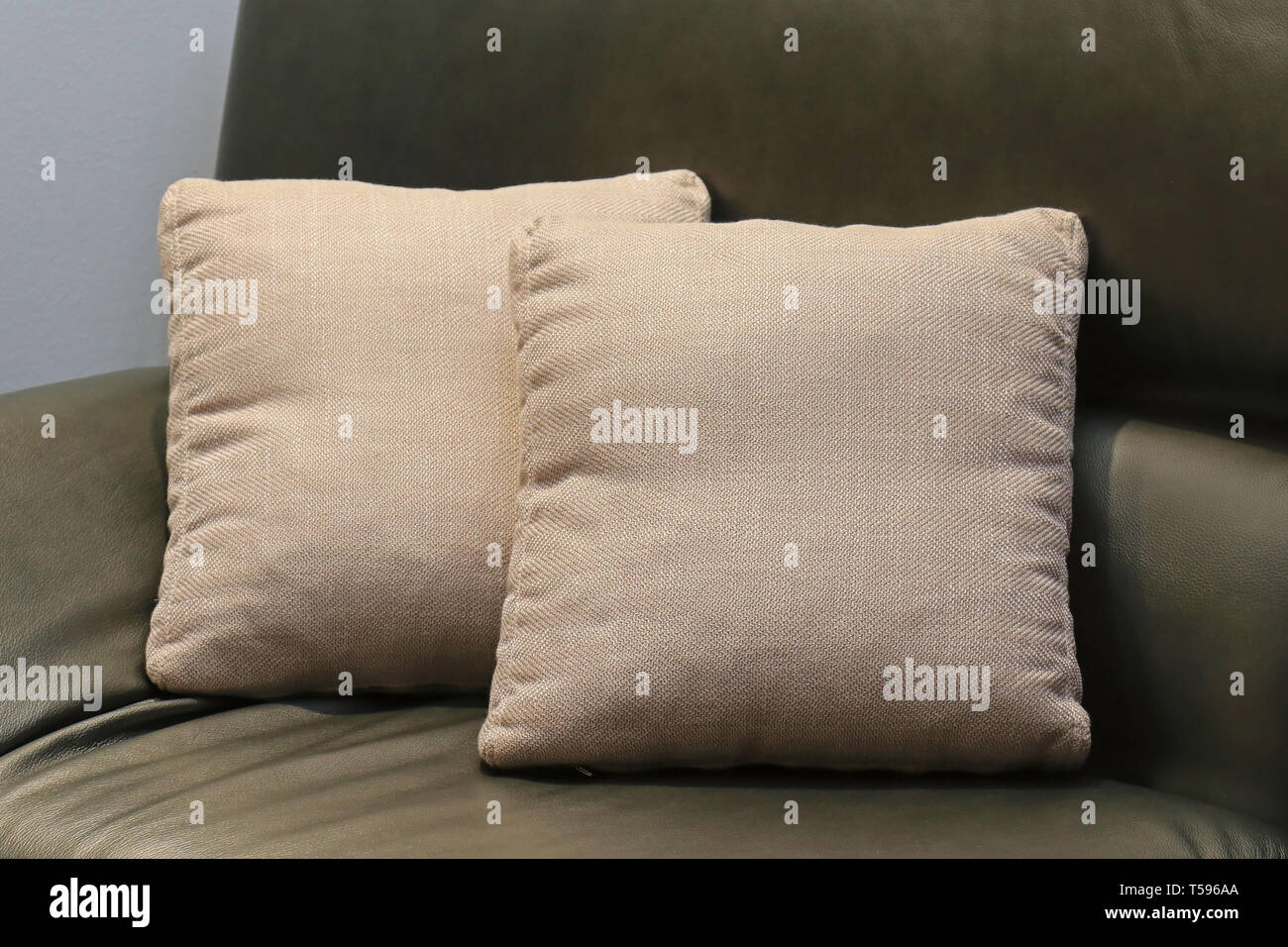 Two Textile Decorative Pillows On Leather Sofa Stock Photo