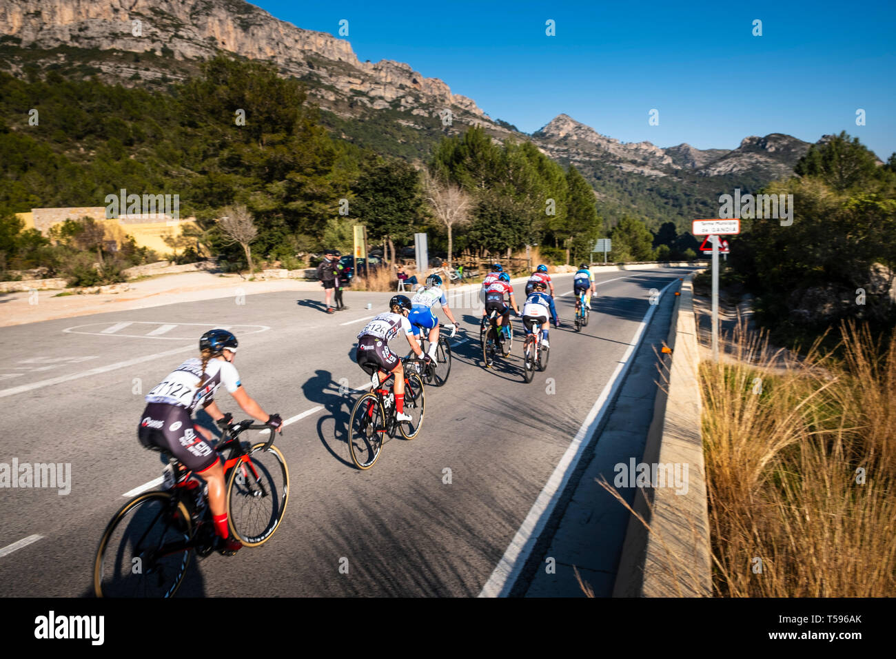 Woman's Cycle race through the La Safor mountains near Gandia Spain Stock Photo