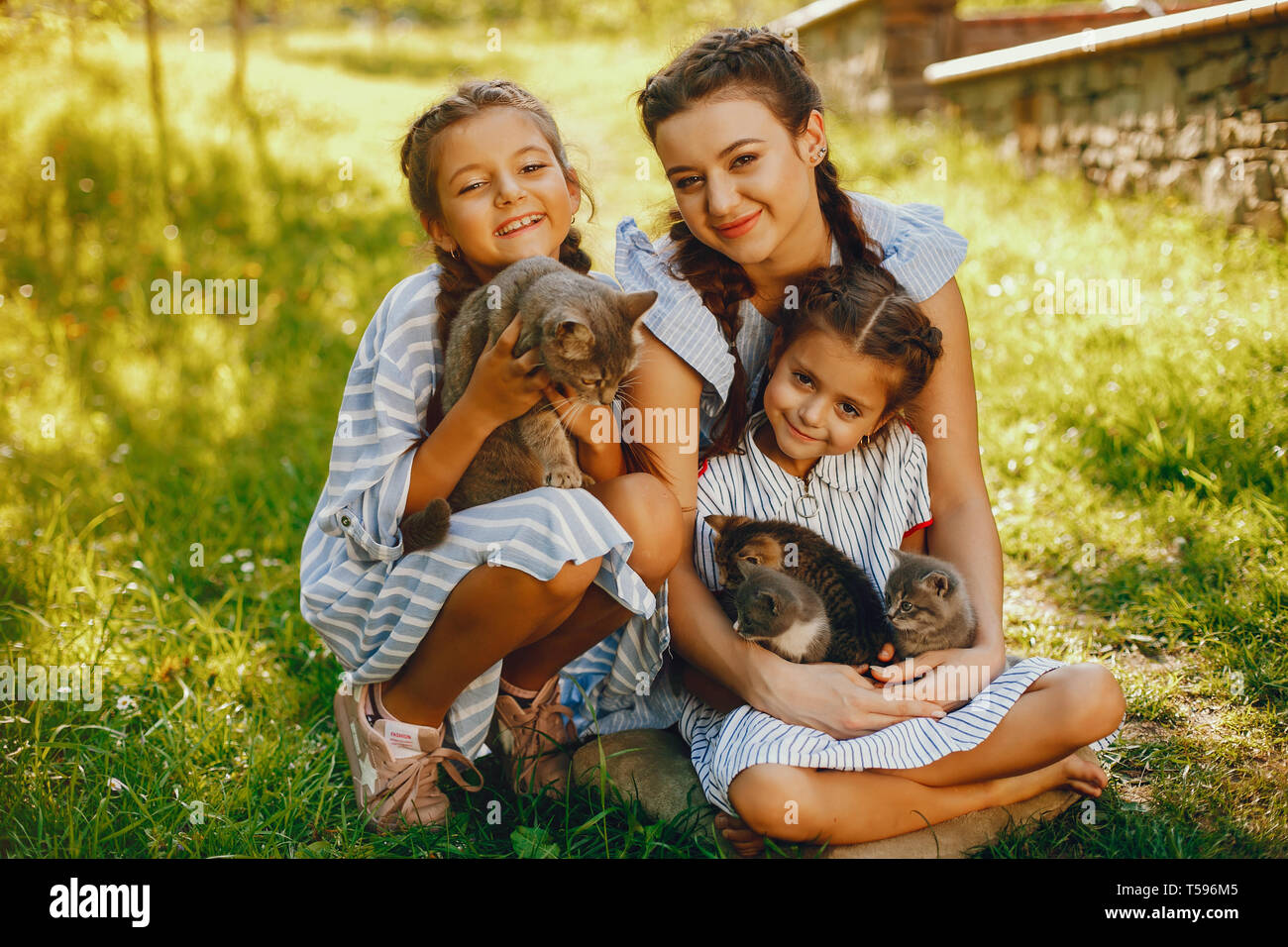 three beautiful girls with cats Stock Photo