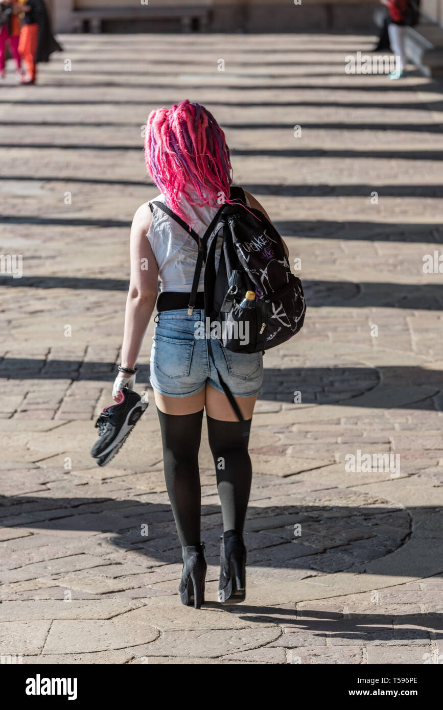 A model with bright pink and purple candyfloss type hair. Stock Photo