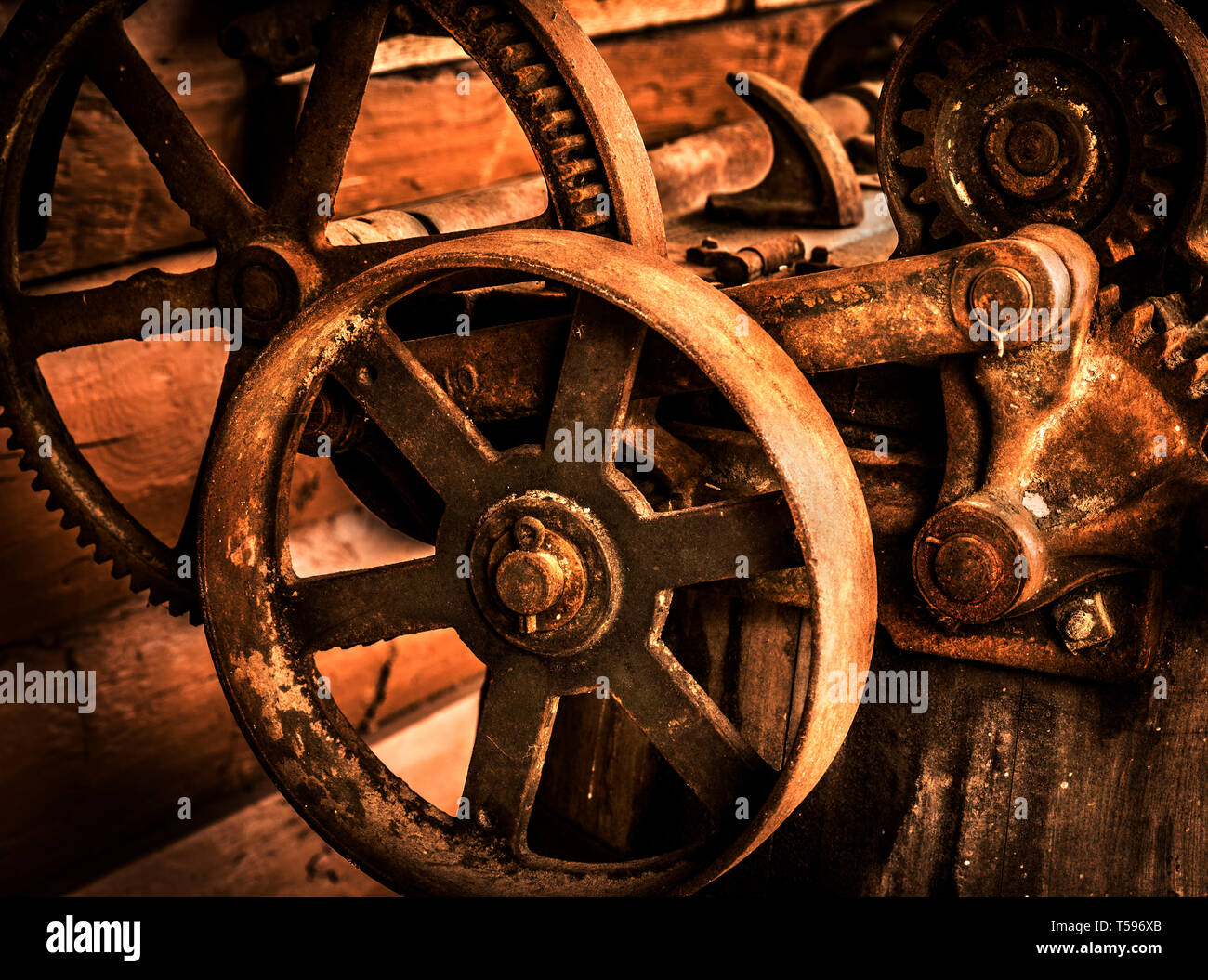 Gears on an antique washing machine. Stock Photo