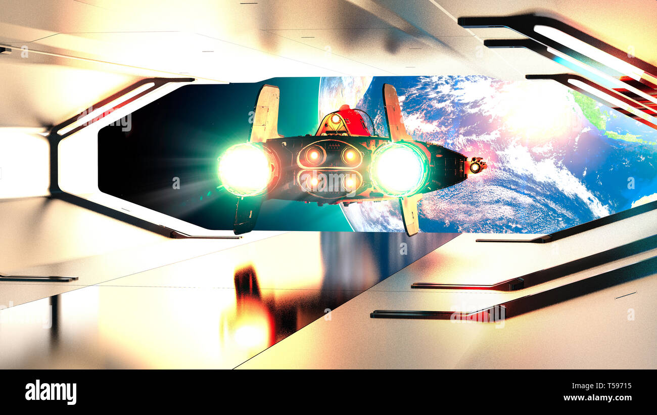 Hatch of a spaceship. Galactic spacecraft departing from a spaceship. Planet earth and conquest of space. Future and science fiction. Planet Earth see Stock Photo