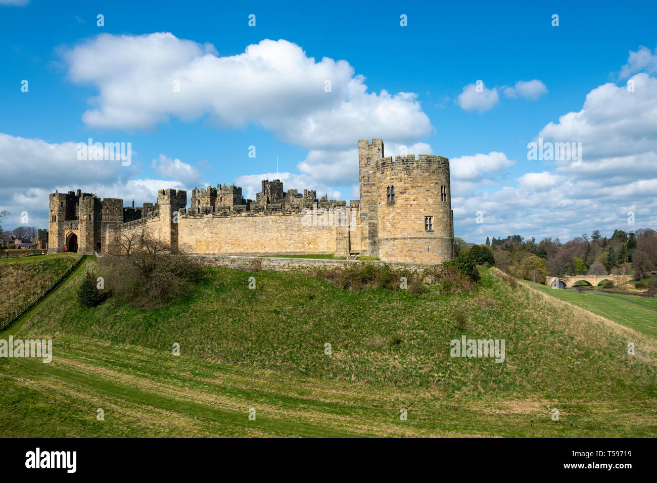 Gateway, Record Tower and Lion Bridge at Alnwick Castle in Northumberland, England, UK Stock Photo