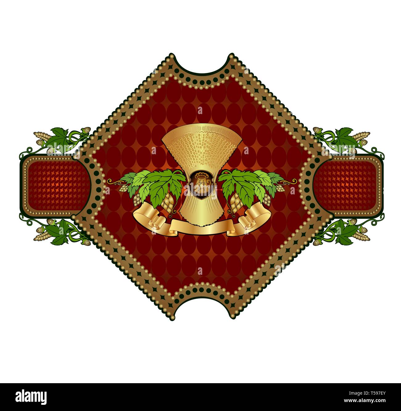 Bundle of spikes between hop pattern. Beer red label Stock Vector