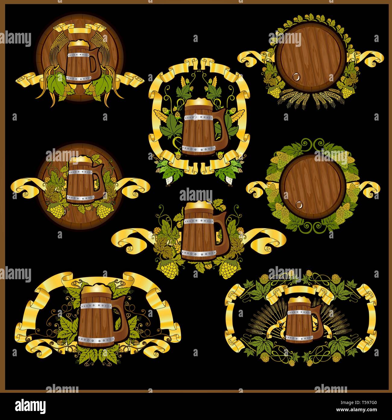 Set of beer label with barrels, mugs and hop pattern Stock Vector
