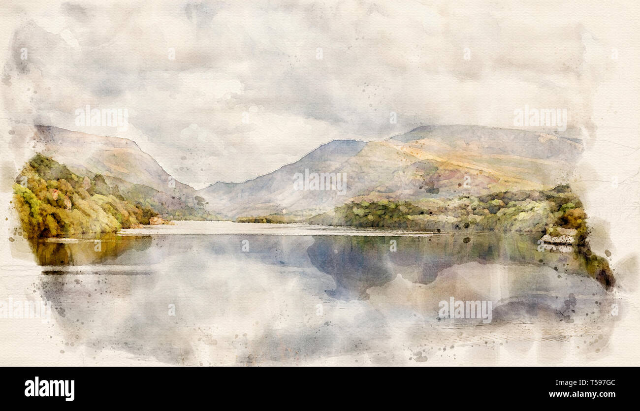 Watercolour effect from a photograph of Llyn Padarn, Llanberis, Snowdonia, Gwynedd, North Wales, UK Stock Photo