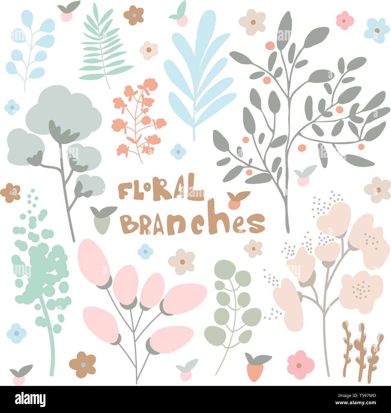 Set of floral doodle elements. Branches illustration made of flowers ...