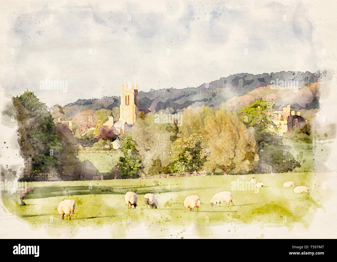 Watercolour effect from a photograph looking towards St Michael & All Angels C Of E Church, Broadway, Worcestershire, England, Uk Stock Photo