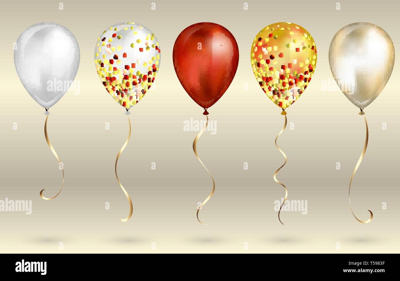 Set of 5 shiny red and gold realistic 3D helium balloons for your ...