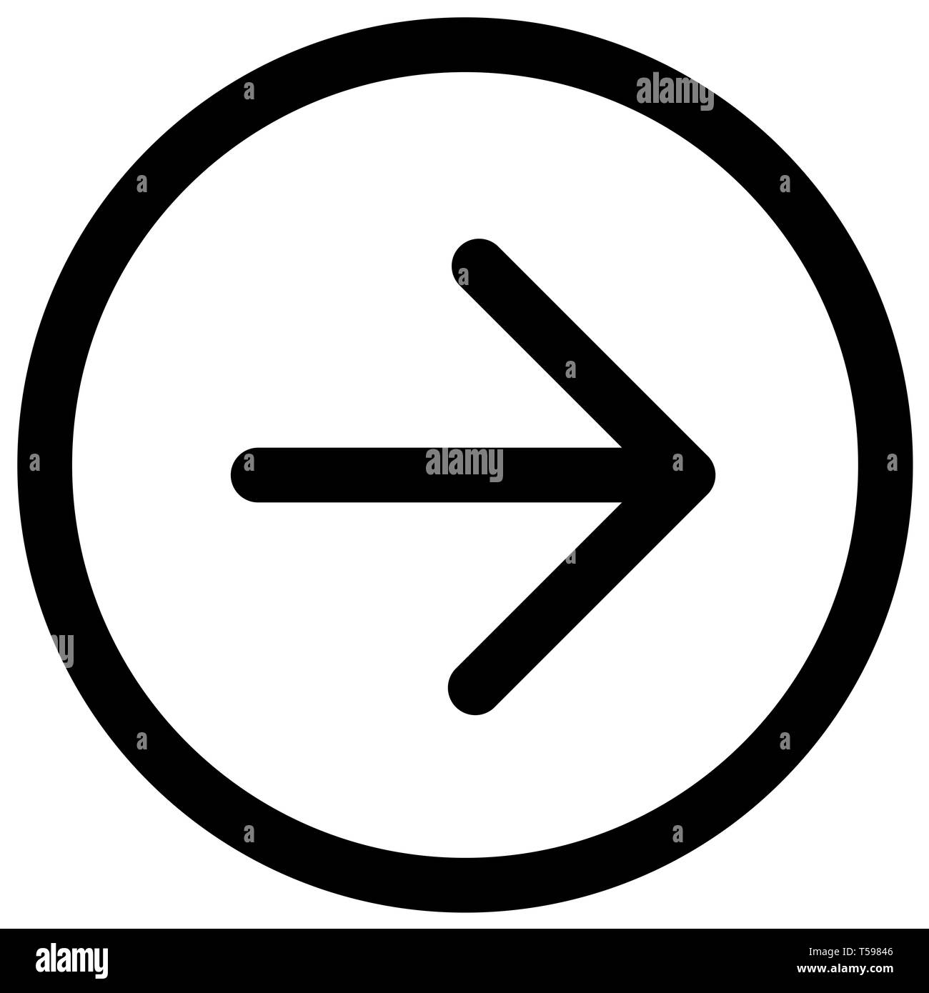 black Arrow pointing right direction symbol. black Directional Arrow sign icon. Flat right arrow symbol in Round. Simple black circle shape button on  Stock Photo
