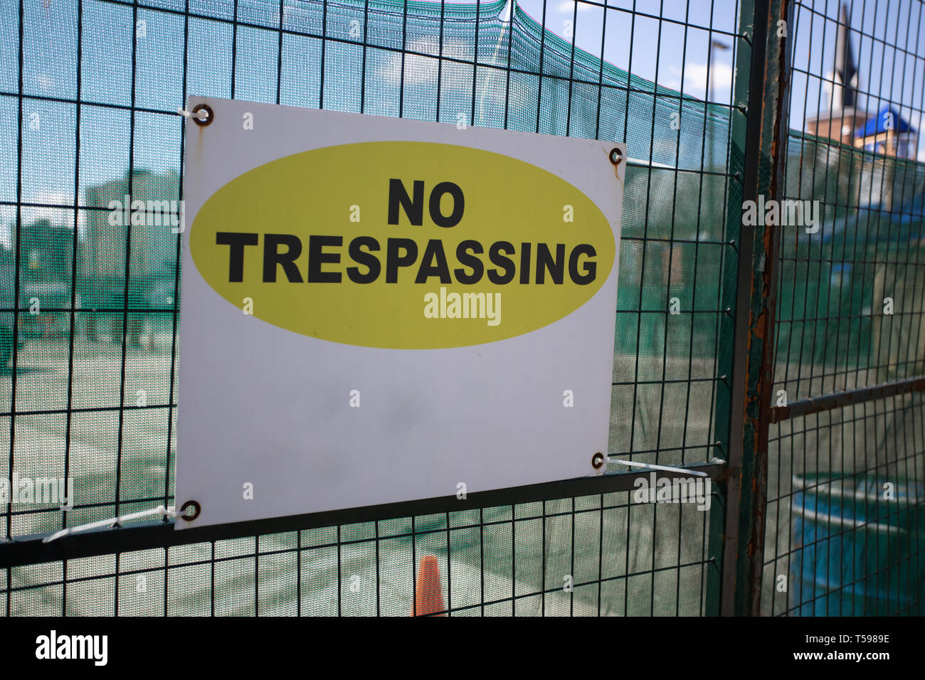 Industry Under Construction Site Fenced Area Fence Sign No Trespassing Stock Photo