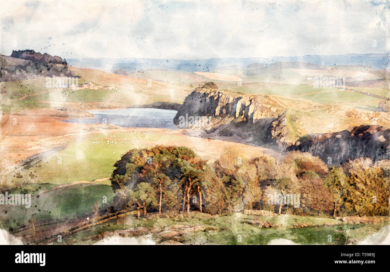 Watercolour effect from a photograph of Hadrian's Wall from Steel Rigg, Cumbria, England, UK Stock Photo