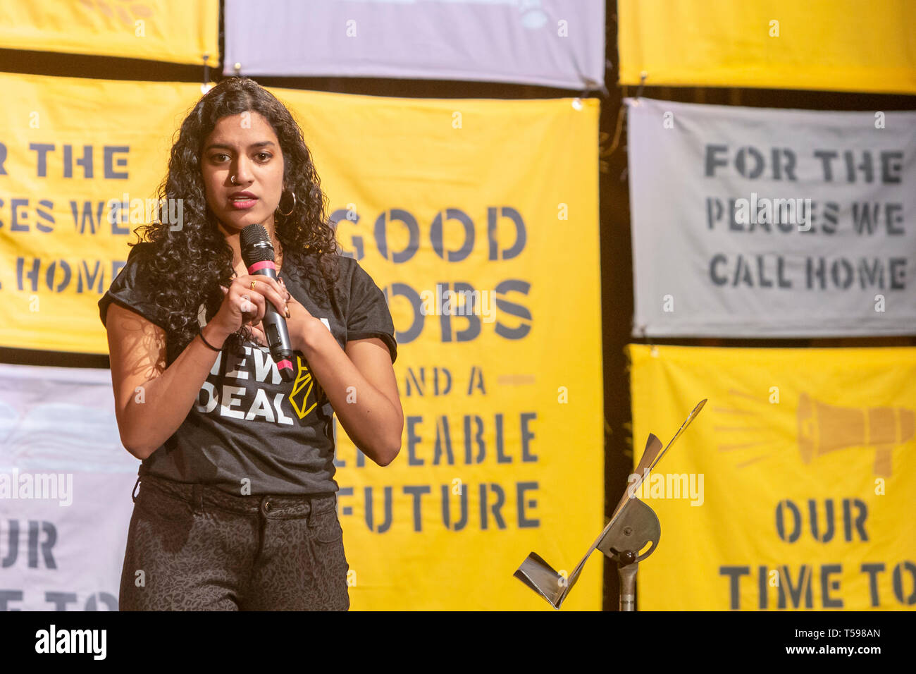 Detroit, Michigan - Varshini Prakash, executive director of the Sunrise Movement, speaks during the Green New Deal Tour. The Sunrise Movement is a you Stock Photo