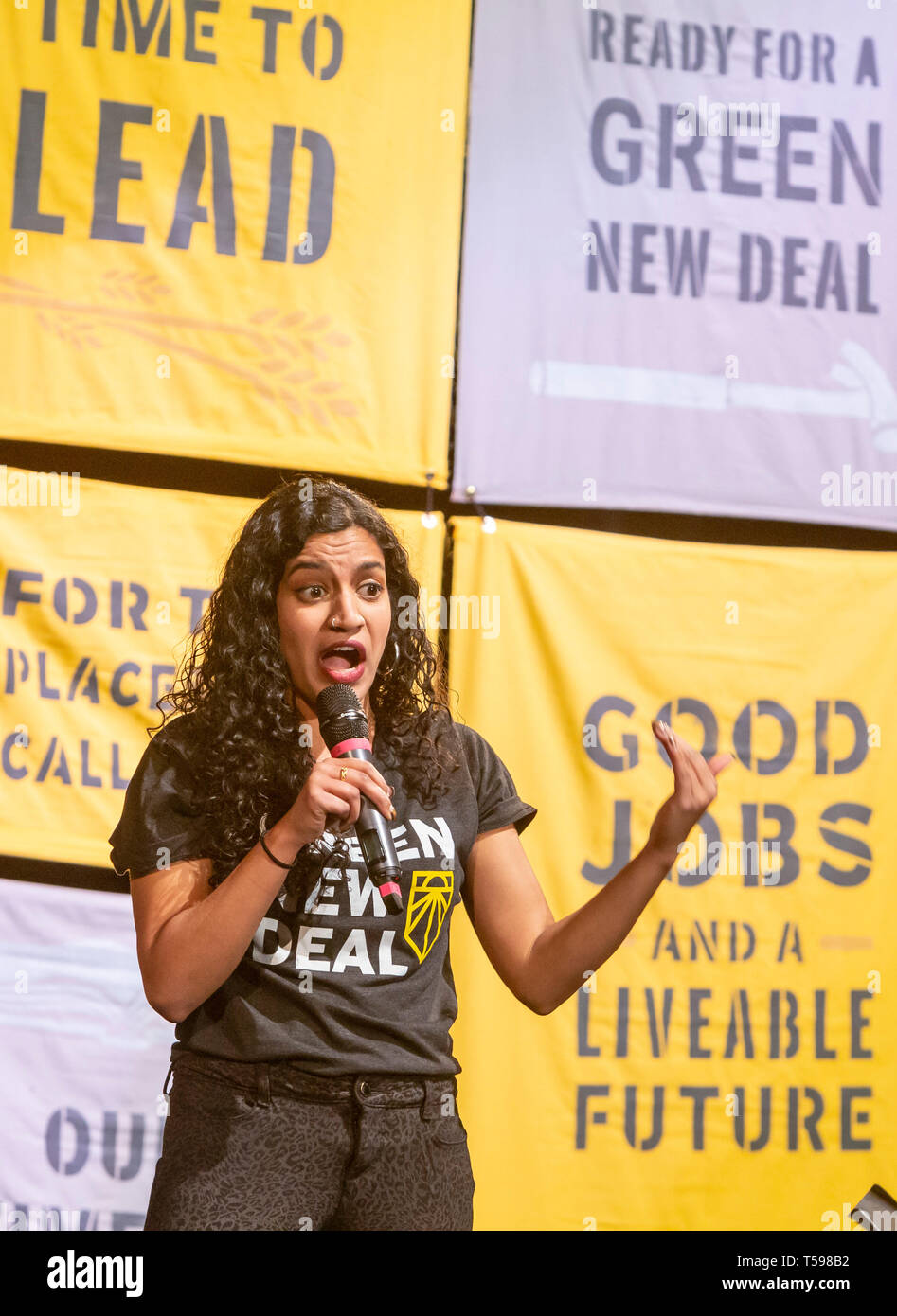 Detroit, Michigan - Varshini Prakash, executive director of the Sunrise Movement, speaks during the Green New Deal Tour. The Sunrise Movement is a you Stock Photo