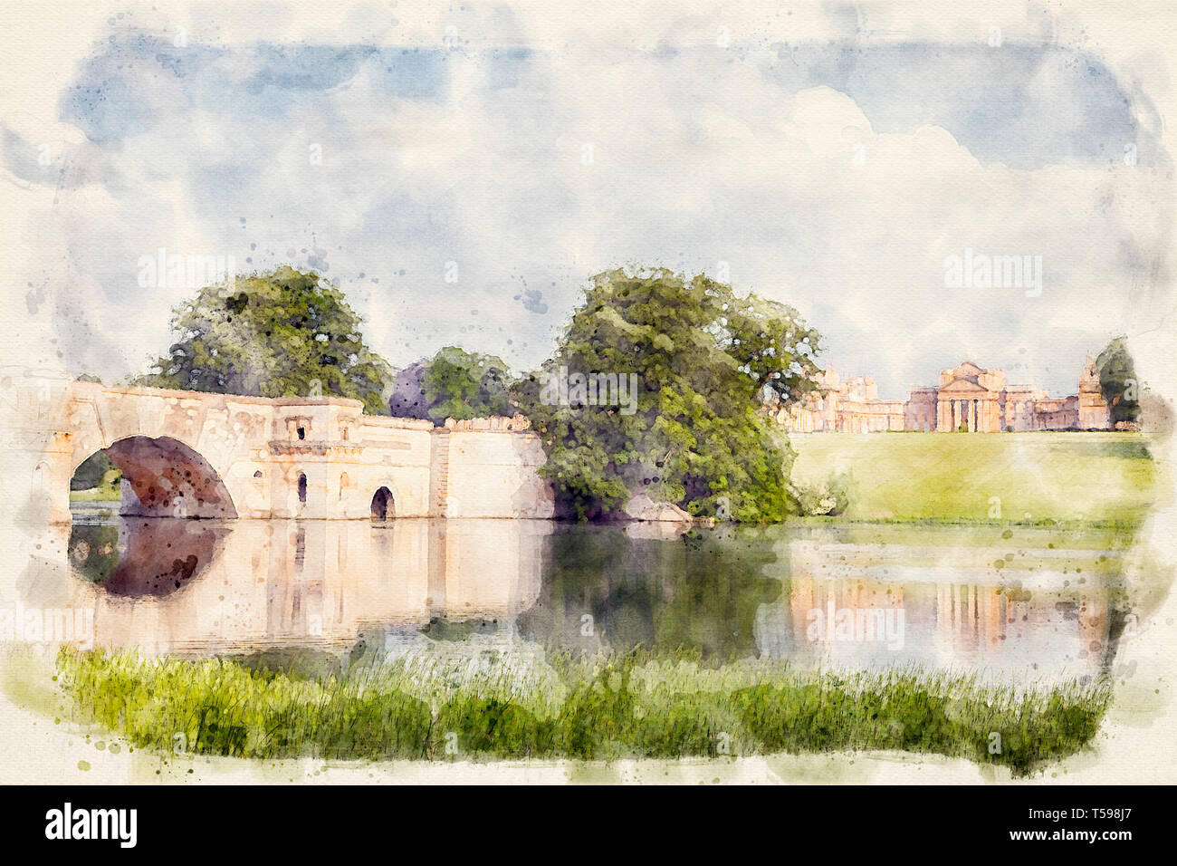 Watercolour effect from a photograph of Blenheim Palace, Oxfordshire, England, UK Stock Photo