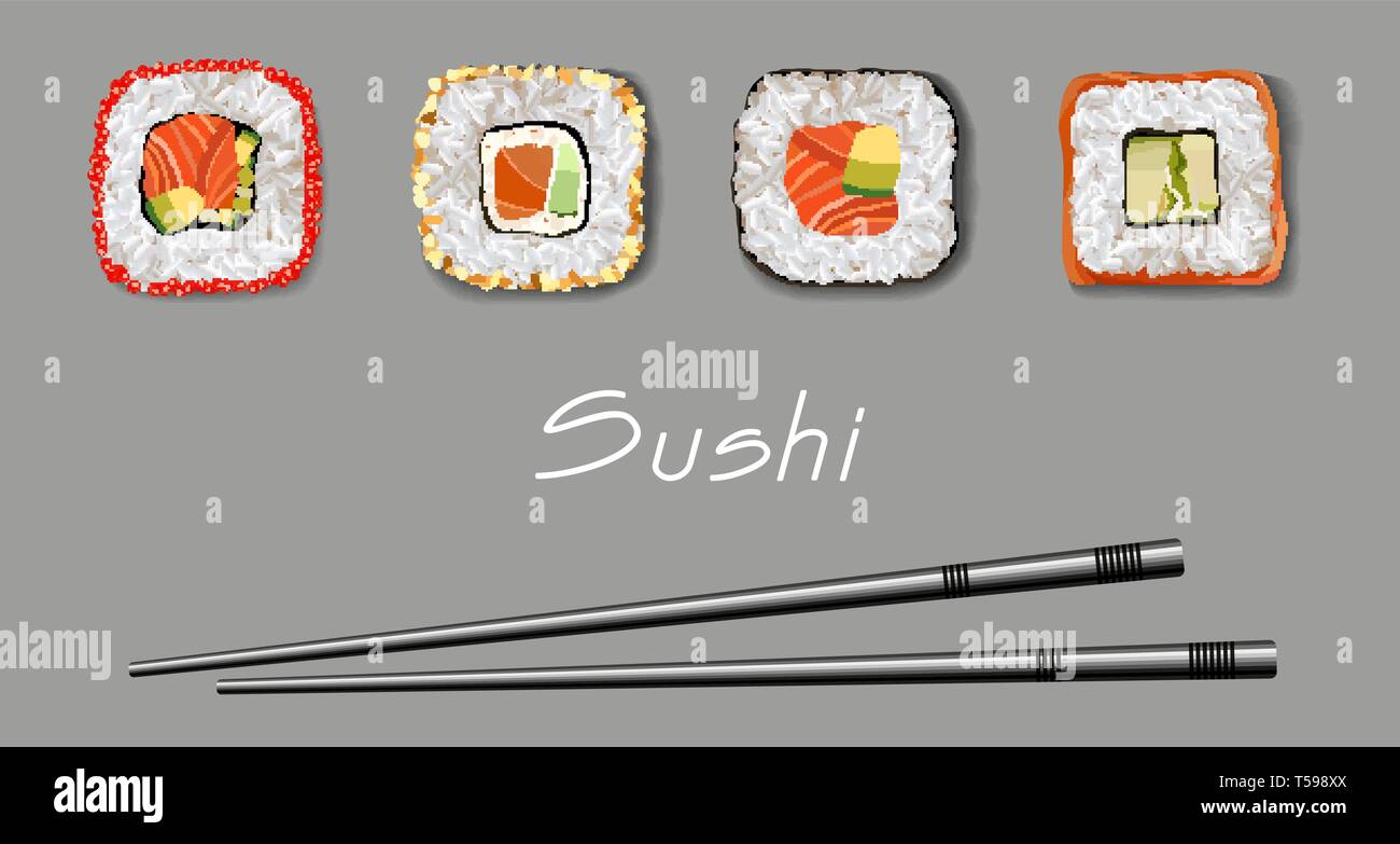Maki roll with salmon and avocado Delicious japanese food with sushi roll. Stock Vector