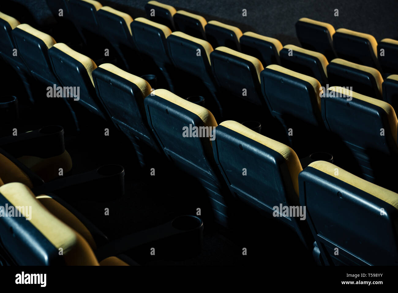 rows of comfortable plastic empty seats in cinema hall Stock Photo