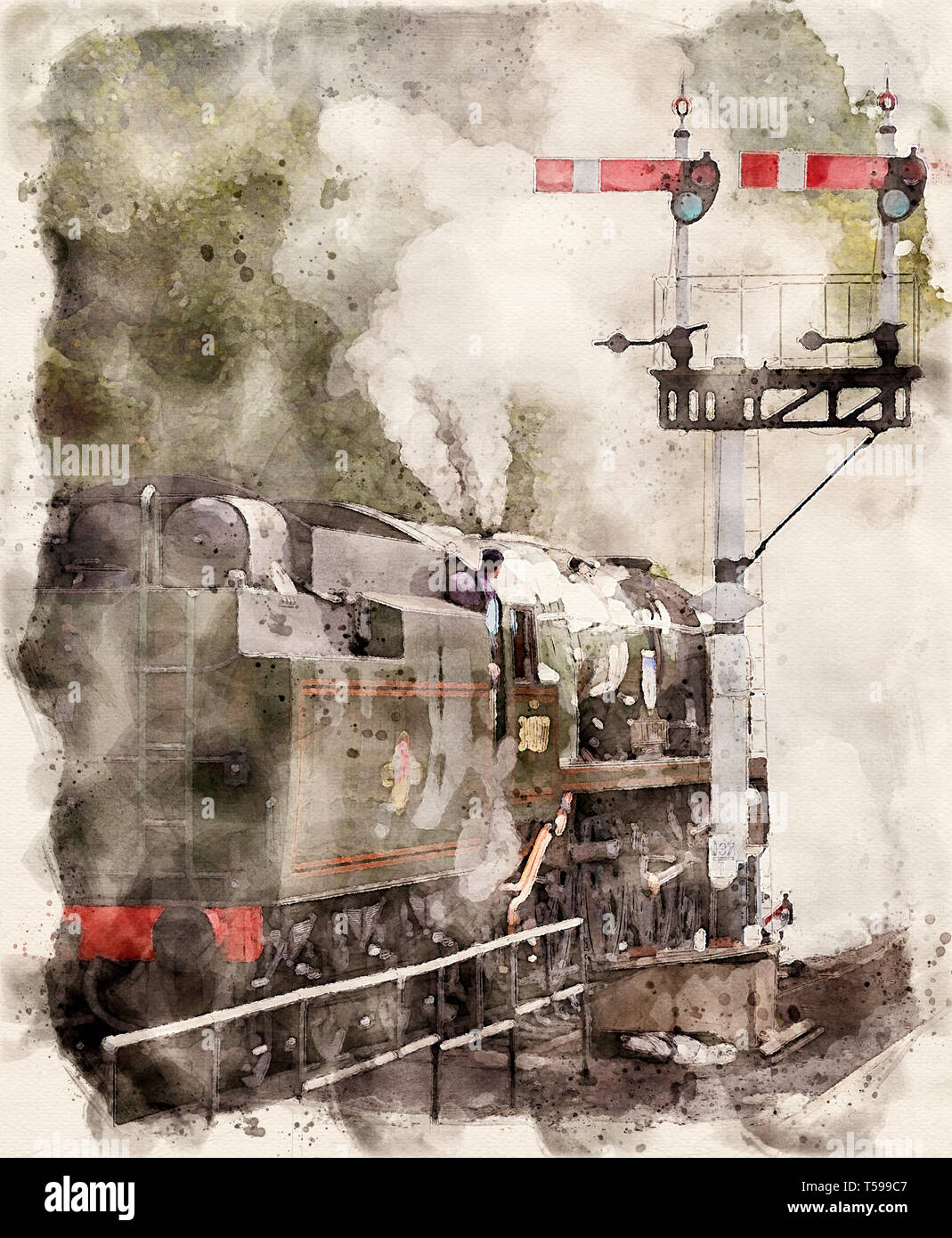 Watercolour effect from a photograph of a steam train on the Severn valley Railway, Worcestershire, England, UK Stock Photo