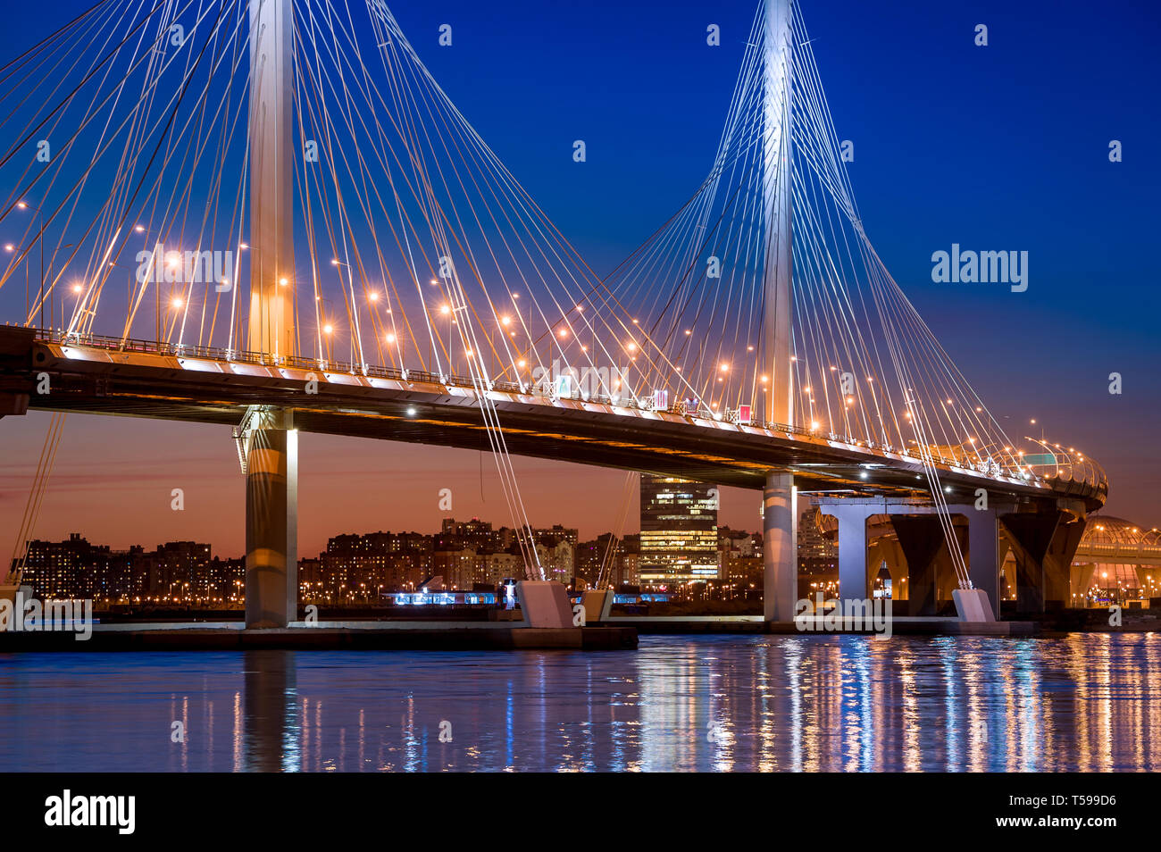 Highspeed road bridge with night illumination. Saint-Petersburg, Russia. Stock Photo