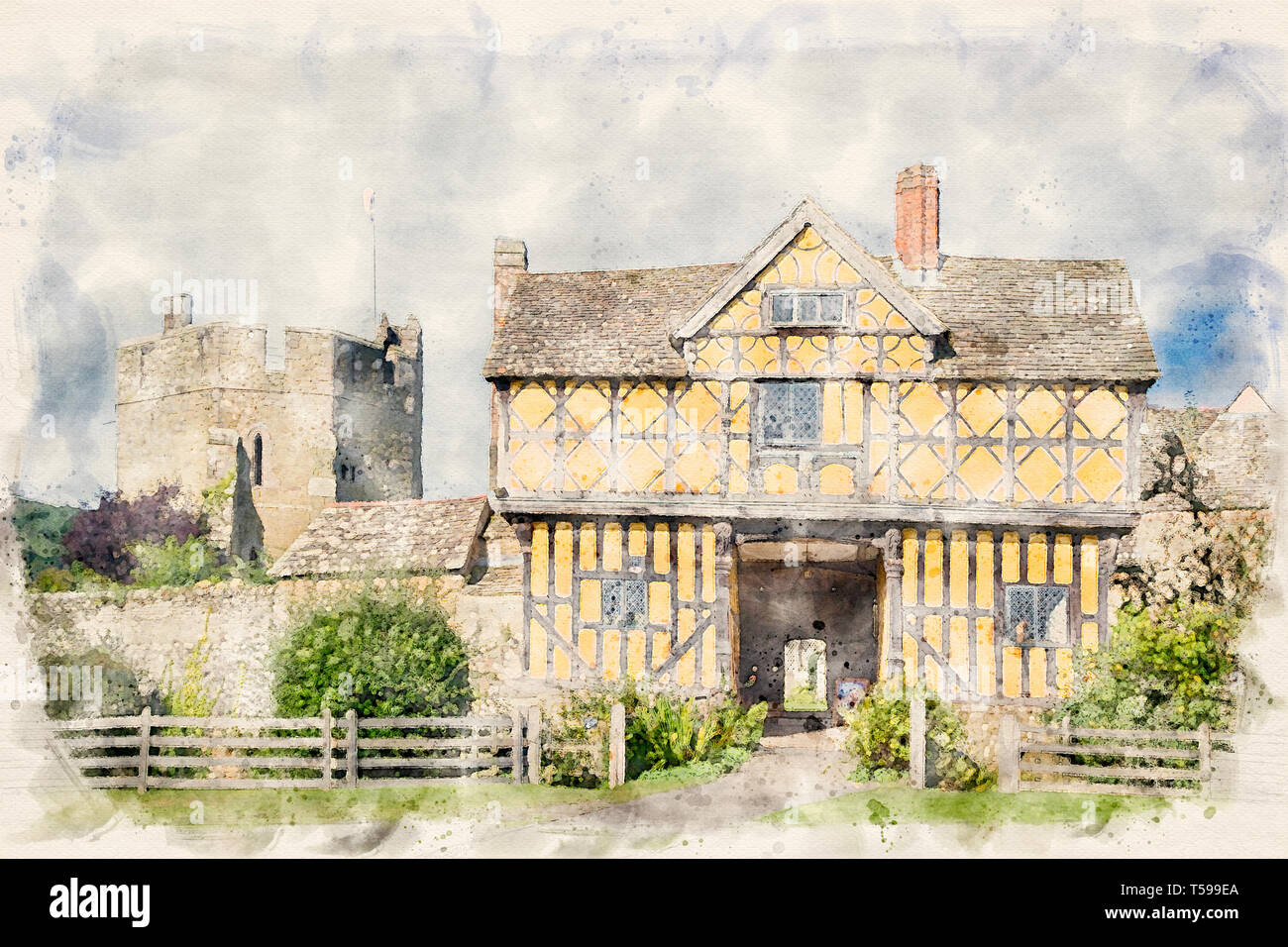 Watercolour effect from a photograph of Stokesay Castle, Shropshire, England, UK Stock Photo
