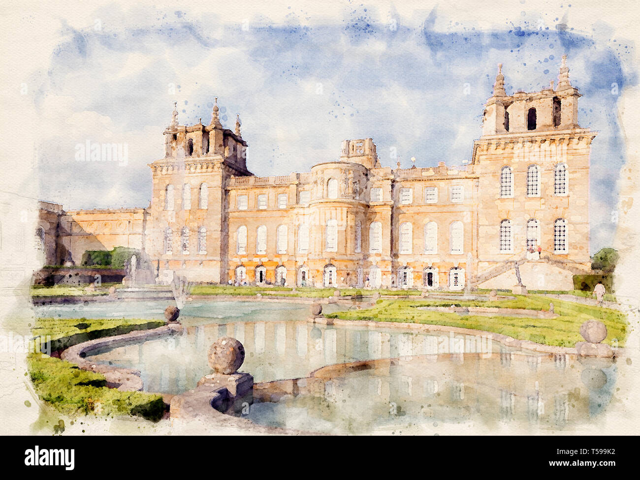 Watercolour effect from a photograph of Blenheim Palace, Oxfordshire, England, UK Stock Photo