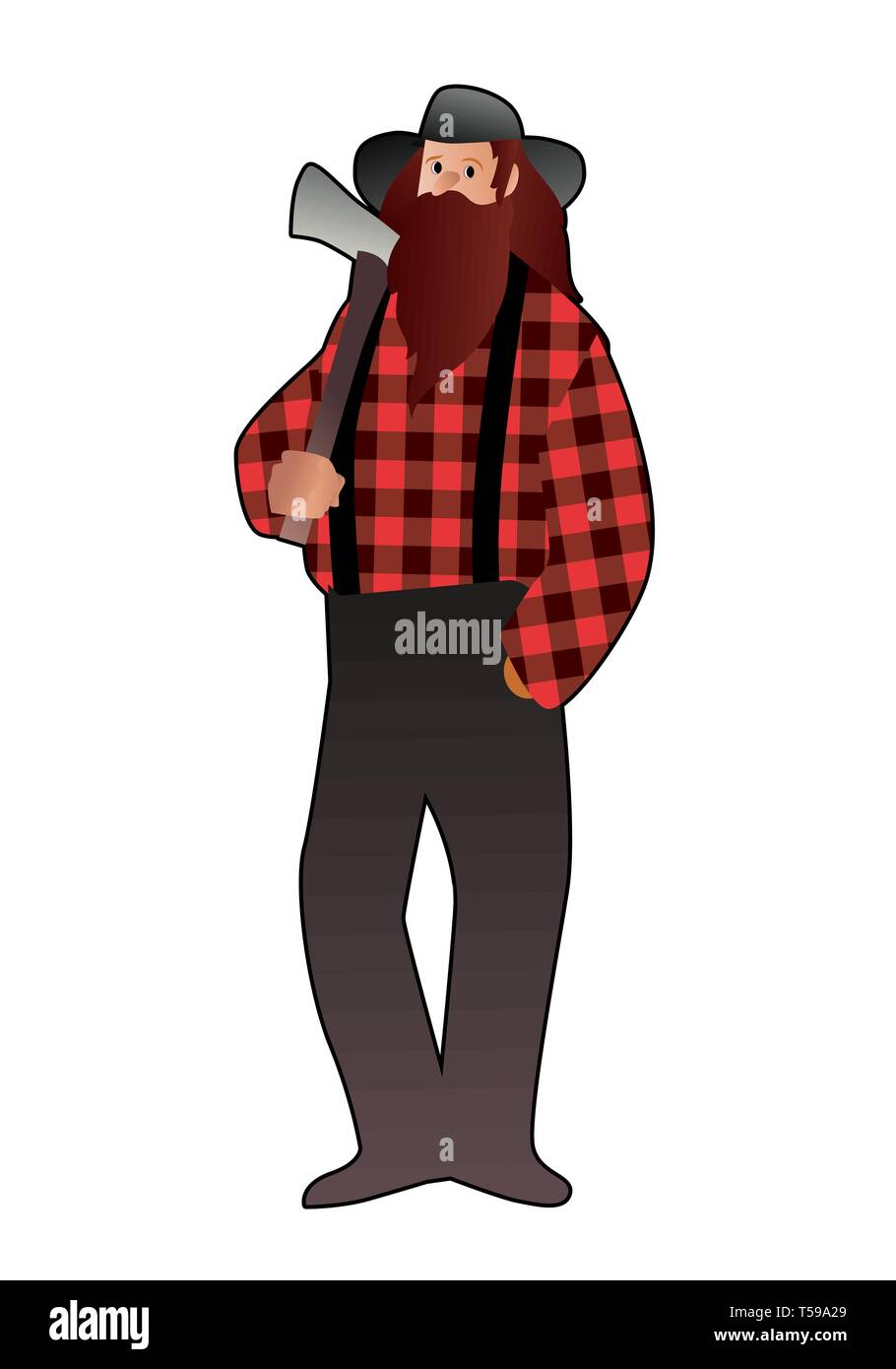 Lumberjack man in cartoon style with long beard and ax, wearing hat and