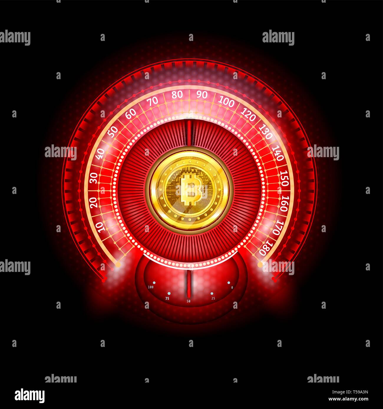 Bit coin round abstract shiny red speedometer with arrows and indicators Stock Vector